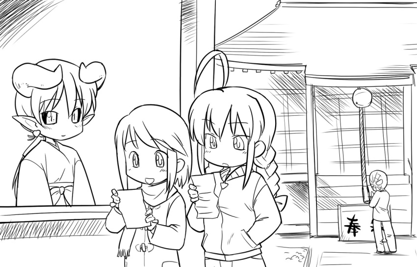1boy 3girls ahoge astaroth_(shinrabanshou) black_sclera braid colored_sclera earrings greyscale hinemosu_notari horns japanese_clothes jewelry lineart marvel miko monochrome multiple_girls new_year os-tan pointy_ears shinrabanshou shrine shrine_bell single_braid slit_pupils spider-man spider-man_(series) twin_braids we-tan yamada-san