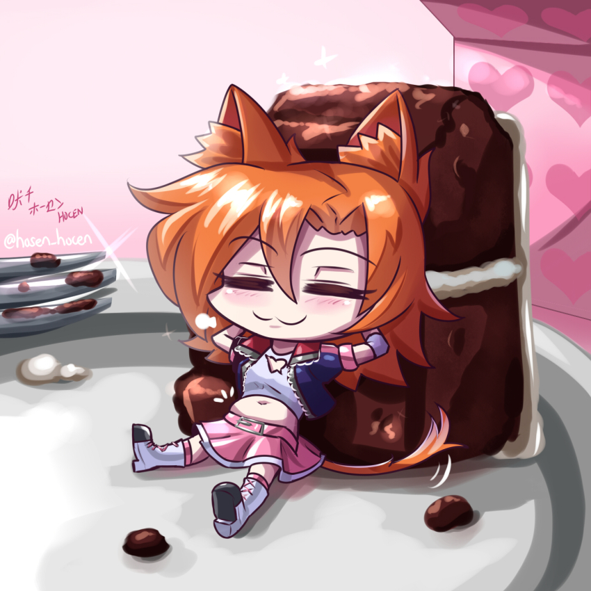 1girl after_eating animal_ears boots cake cat_ears chibi closed_eyes food highres nora_valkyrie rwby skirt vilde_loh_hocen