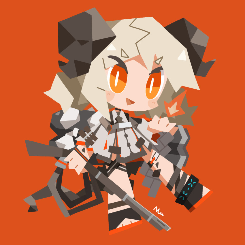 1girl :d absurdres arknights black_footwear blush_stickers fire full_body gun highres holding holding_gun holding_weapon horns ifrit_(arknights) jacket light_brown_hair long_hair long_sleeves looking_at_viewer low_twintails nuu_(nu-nyu) open_mouth orange_eyes red_background signature simple_background smile solo toeless_footwear twintails weapon weapon_request white_jacket