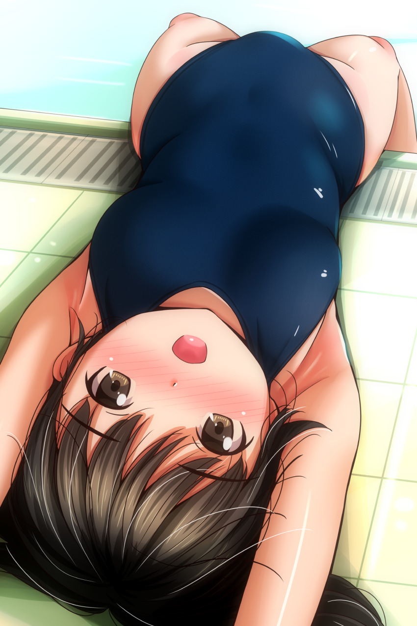 1girl absurdres black_hair blue_one-piece_swimsuit blush breasts brown_eyes commentary_request covered_navel highres looking_at_viewer lying matsunaga_kouyou on_back one-piece_swimsuit open_mouth original poolside short_hair small_breasts solo swimsuit