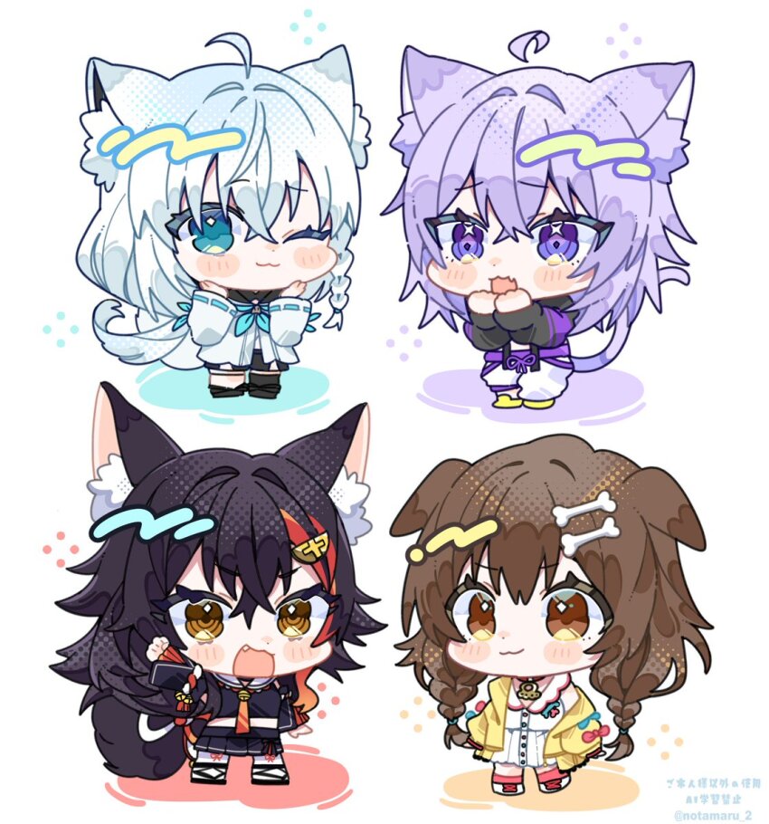 4girls :3 :d ;3 ahoge animal_ear_fluff animal_ears black_hair black_sailor_collar black_shirt black_shoes black_shorts black_skirt black_thighhighs blue_dress blue_eyes blue_hair blue_neckerchief bone_hair_ornament braid brown_eyes brown_hair cat_ears cat_girl cat_tail chibi chibi_only commentary_request crop_top cropped_shirt detached_ahoge dog_ears dog_girl dress fang fox_ears fox_girl fox_tail full_body hair_between_eyes hair_ornament highres hololive hololive_gamers inugami_korone jacket long_hair long_sleeves looking_at_viewer multicolored_hair multiple_girls neckerchief necktie nekomata_okayu notamaru_2 one_eye_closed ookami_mio open_clothes open_jacket open_mouth pants pleated_skirt purple_eyes purple_hair red_hair red_necktie red_socks ribbon-trimmed_sleeves ribbon_trim sailor_collar shirakami_fubuki shirt shoes short_hair shorts simple_background single_braid single_thighhigh skirt smile socks standing streaked_hair tail thighhighs twin_braids twitter_username virtual_youtuber watermark white_background white_dress white_pants white_sailor_collar white_shoes yellow_eyes yellow_jacket yellow_shoes
