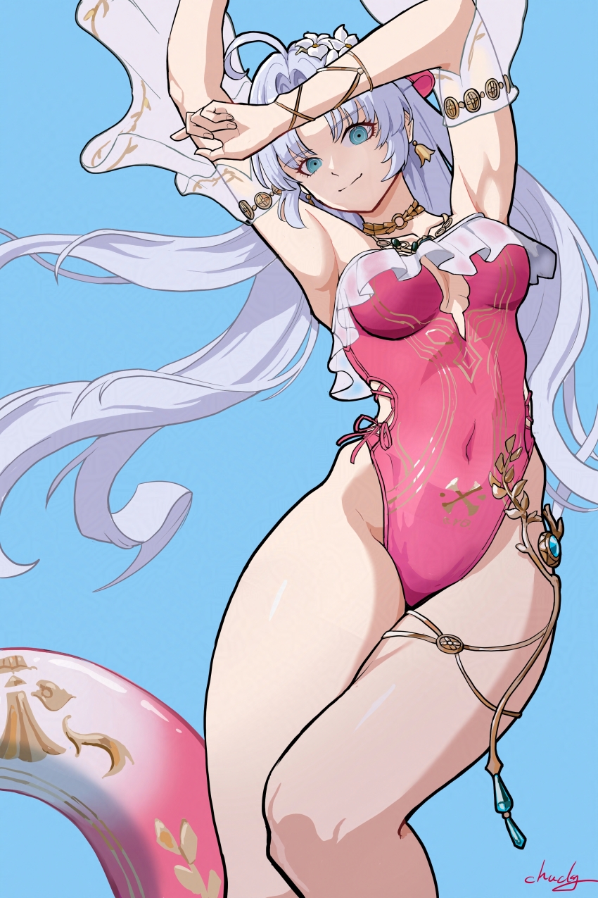 1girl absurdres adversarial_noise ahoge armpits arms_up blue_eyes breasts carlotta_(splashing_summer)_(wuthering_waves) carlotta_(wuthering_waves) casual_one-piece_swimsuit chucky_(chucky1000sun) closed_mouth collarbone commentary covered_navel earrings grey_hair highleg highleg_one-piece_swimsuit highres jewelry long_hair looking_at_viewer medium_breasts official_alternate_costume one-piece_swimsuit parted_bangs pink_one-piece_swimsuit signature smile solo swim_ring swimsuit thighs wuthering_waves