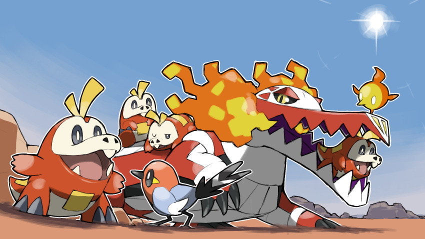 animal_focus bird black_sclera blacknirrow blue_sky clear_sky closed_mouth colored_sclera fire fire_bird_(skeledirge) fletchling fuecoco gen_6_pokemon gen_9_pokemon highres nintendo no_humans open_mouth outdoors outline pokemon pokemon_(creature) pokemon_focus skeledirge sky sun teeth white_outline yellow_eyes