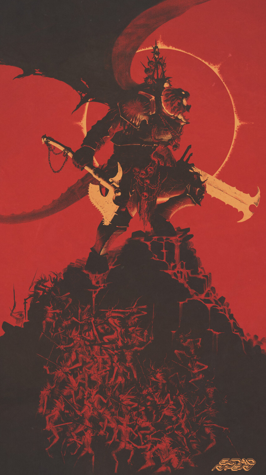 absurdres angron armor axe black_blade blood butchers_nails cable chain chain_axe chaos_(warhammer) demon_primarch dragon_wings heresy highres holding holding_axe holding_sword holding_weapon hooves khorne limited_palette looking_afar looking_ahead looking_to_the_side looking_up official_art power_armor primarch red_background simple_background skull spinegrinder sword tail warhammer_40k weapon wings world_eaters