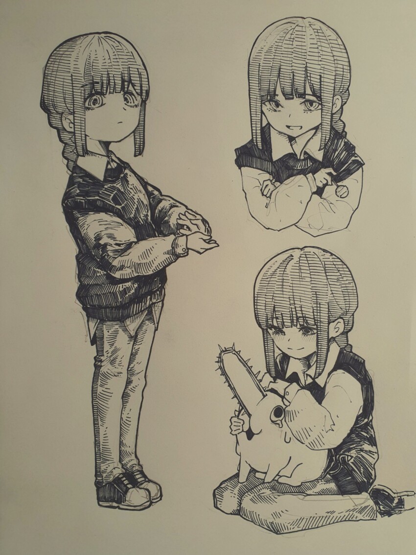 1girl 1other chainsaw_man crossed_arms epeulu_(ate5424) full_body highres makima_(chainsaw_man) monochrome multiple_views pochita_(chainsaw_man) sitting standing traditional_media wariza