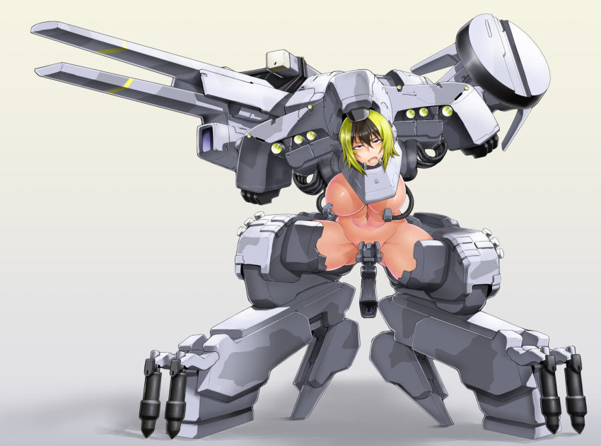 1girl black_hair blonde_hair breasts cannon digitigrade directed-energy_weapon energy_cannon energy_weapon female_focus free-electron_laser_cannon highres large_breasts laser_cannon magnetic_weapon mecha_musume mechanical_legs metal_gear_(series) metal_gear_rex metal_gear_solid multicolored_hair personification railgun saizu_nitou_gunsou solo weapon
