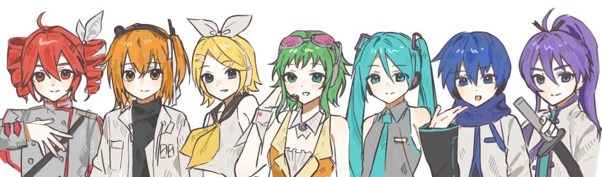 2boys 5girls :d adachi_rei aqua_eyes aqua_necktie black_shirt blue_eyes blue_scarf bow bow_hairband buttons closed_mouth coat collar collared_shirt commentary detached_collar double-breasted drill_hair eoldang1 goggles goggles_on_head green_eyes grey_jacket grey_shirt grin gumi hair_between_eyes hair_bow hair_ornament hairband hairclip hand_on_own_chest hatsune_miku highres holding holding_sword holding_weapon jacket kagamine_rin kaito_(vocaloid) kamui_gakupo kasane_teto kasane_teto_(sv) medium_hair multiple_boys multiple_girls neckerchief necktie open_clothes open_jacket open_mouth orange_eyes orange_hair purple_eyes rainbow_order red_eyes red_hair scarf shirt simple_background sleeveless sleeveless_shirt smile sword symbol-only_commentary synthesizer_v teeth twin_drills twintails utau vocaloid weapon white_background white_bow white_coat white_collar white_jacket yellow_neckerchief