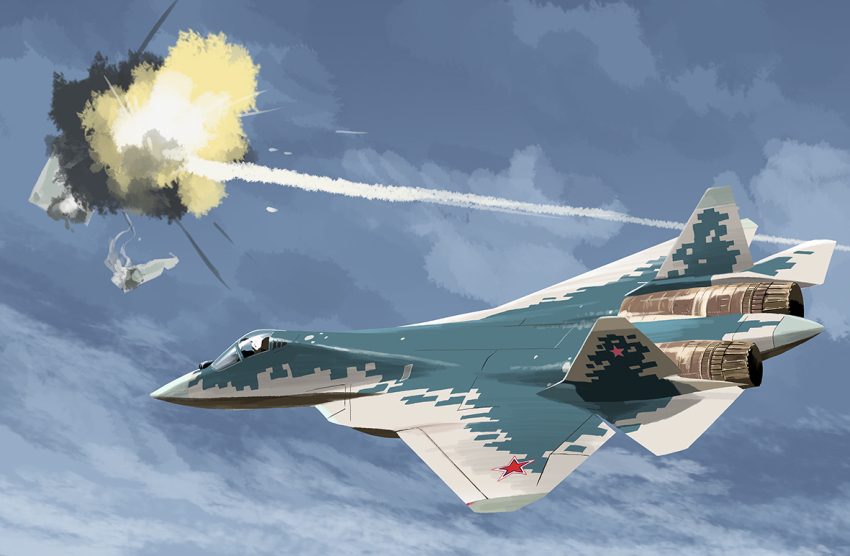 aircraft airplane cloud explosion fighter_jet flying matsuda_juukou military military_vehicle no_humans real_life russo-ukrainian_war s-70 sky star_(symbol) su-57 vehicle_focus