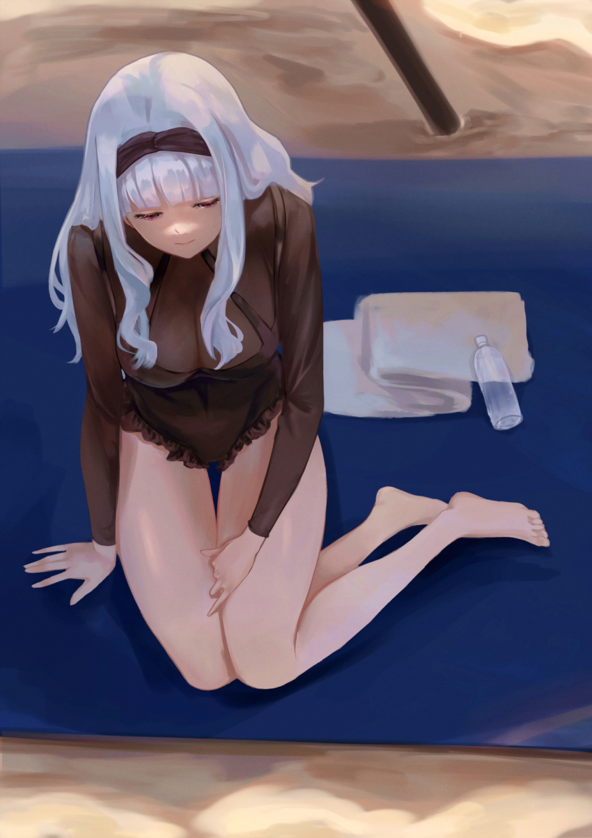 1girl bare_legs barefoot black_hairband black_one-piece_swimsuit blunt_bangs bottle breasts cleavage from_above hairband half-closed_eyes highres idolmaster idolmaster_(classic) idolmaster_million_live! large_breasts light_smile long_hair long_sleeves mat one-piece_swimsuit sand sayuumigi see-through_clothes see-through_one-piece_swimsuit shade shijou_takane sitting swimsuit thighs towel water_bottle white_hair yokozuwari