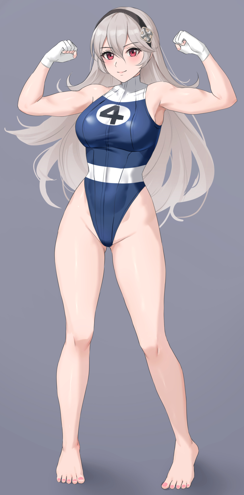 1girl absurdres amayo_thranana barefoot black_hairband blue_leotard breasts closed_mouth commission corrin_(female)_(fire_emblem) corrin_(fire_emblem) covered_navel fire_emblem fire_emblem_fates flexing full_body gloves gluteal_fold grey_background grey_hair hair_between_eyes hairband highleg highleg_leotard highres knees large_breasts legs leotard long_hair looking_at_viewer nintendo pointy_ears red_eyes simple_background skeb_commission smile solo standing thighs toes white_gloves