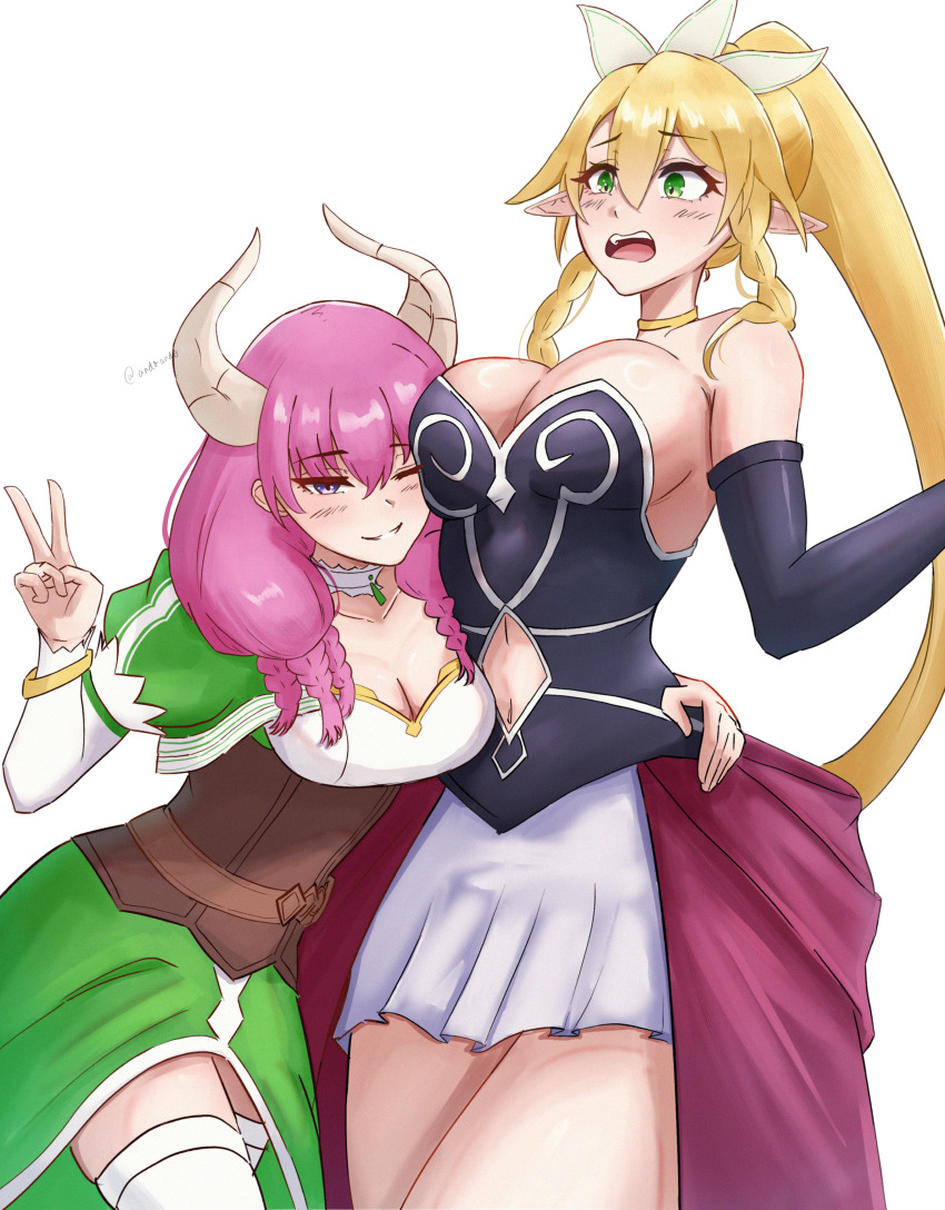 2girls absurdres and0ando artist_name aura_(sousou_no_frieren) bare_shoulders black_gloves black_leotard blonde_hair blush braid breasts brown_corset choker cleavage clothing_cutout collarbone commentary corset cosplay costume_switch cowboy_shot crossover demon_girl demon_horns dress elbow_gloves english_commentary eyelashes gloves gold_choker green_dress green_eyes hair_between_eyes high_ponytail highres horns hug large_breasts layered_skirt leafa_(sao) leotard long_hair long_sleeves medium_breasts miniskirt multiple_girls navel navel_cutout one_eye_closed open_mouth pink_hair pleated_skirt pointy_ears ponytail purple_eyes red_skirt simple_background skindentation skirt smile sousou_no_frieren standing strapless strapless_leotard sword_art_online teeth thick_thighs thighhighs thighs twin_braids twitter_username two-tone_dress upper_teeth_only v voice_actor_connection waist_hug white_background white_choker white_dress white_skirt white_thighhighs