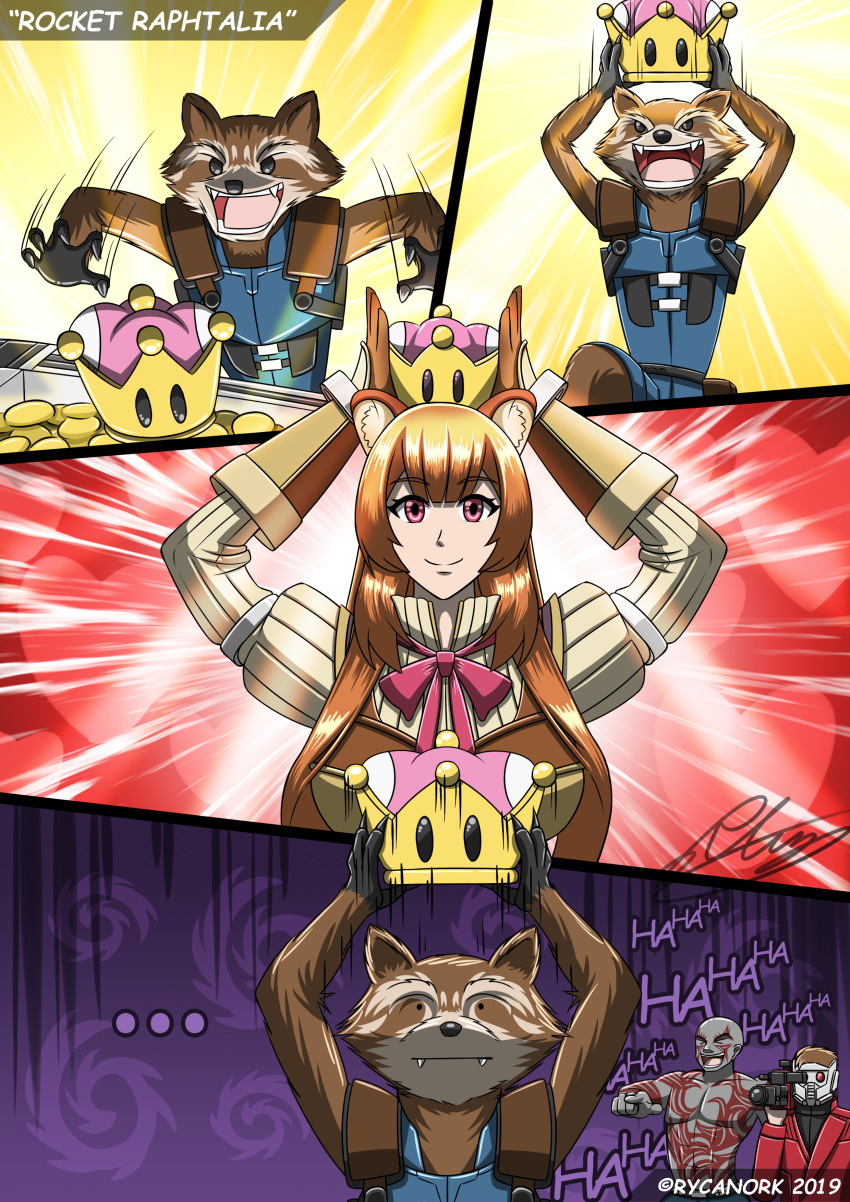 absurdres animal_ear_fluff animal_ears breasts brown_hair comic crown drax_the_destroyer english_text guardians_of_the_galaxy highres laughing long_hair looking_at_viewer mario_(series) marvel marvel_cinematic_universe new_super_mario_bros._u_deluxe nintendo peter_quill raccoon_ears raccoon_girl raccoon_tail raphtalia recording rocket_raccoon smile tail tate_no_yuusha_no_nariagari transformation treasure