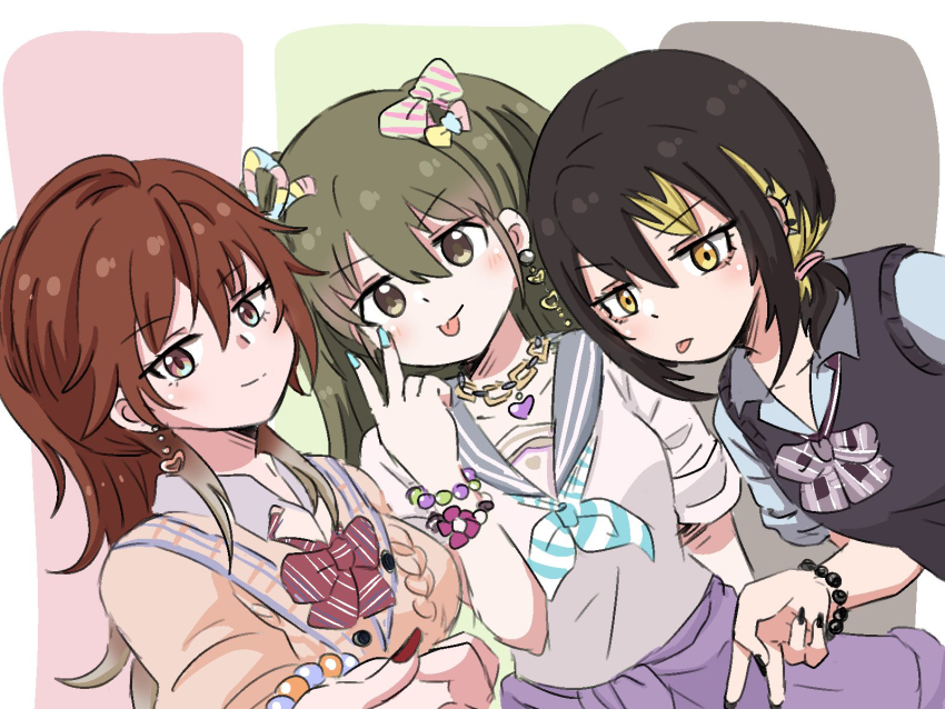 3girls :p aketa_mikoto alternate_costume artisansg_lily bead_bracelet beads black_hair black_nails black_sweater_vest blonde_hair blue_eyes blue_nails blue_neckerchief blue_shirt blush bow bracelet breasts brown_eyes brown_hair chain chain_necklace closed_mouth commentary earrings english_commentary finger_to_face fingernails floating_earrings gold_chain green_hair grey_sailor_collar gyaru gyaru_v hair_tie highres idolmaster idolmaster_shiny_colors ikaruga_luca jewelry jitome long_fingernails long_hair looking_at_viewer medium_hair multicolored_eyes multicolored_hair multiple_girls nanakusa_nichika neckerchief necklace orange_sweater red_bow red_nails sailor_collar shirt short_sleeves simple_background smile striped_bow striped_neckerchief stud_earrings sweater sweater_vest tongue tongue_out two-tone_hair v white_shirt yellow_eyes