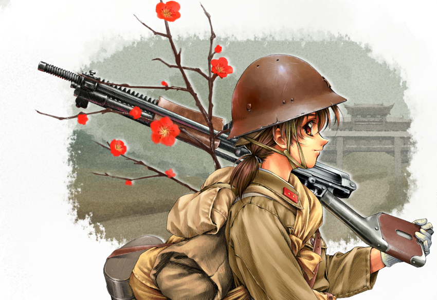 1girl bag branch brown_hair brown_jacket collar_tabs combat_helmet commentary_request flower gloves gun hair_between_eyes hat helmet highres holding holding_gun holding_weapon imperial_japanese_army jacket light_machine_gun load_bearing_equipment long_hair long_sleeves longmei_er_de_tuzi looking_at_viewer machine_gun mess_kit military military_combat_uniform military_hat military_uniform original ponytail retro_artstyle shirt simple_background smile soldier solo standing tree upper_body weapon weapon_request white_background white_gloves white_shirt world_war_ii