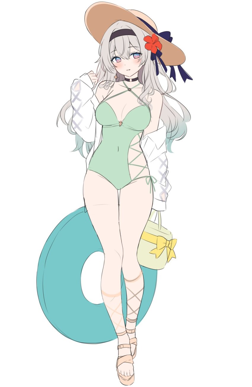 1girl bag bare_shoulders black_bow black_choker black_hairband blue_eyes blush bow breasts brown_hat casual_one-piece_swimsuit choker clothes_down collarbone covered_navel criss-cross_halter feet firefly_(honkai:_star_rail) flat_color full_body green_bag green_one-piece_swimsuit hair_bow hairband halterneck hand_up hat hat_bow highres hitsukuya holding holding_bag honkai:_star_rail honkai_(series) innertube jacket large_breasts looking_at_viewer multicolored_eyes o-ring o-ring_choker one-piece_swimsuit parted_lips purple_eyes sandals simple_background smile solo swim_ring swimsuit toes two-tone_eyes white_background white_jacket
