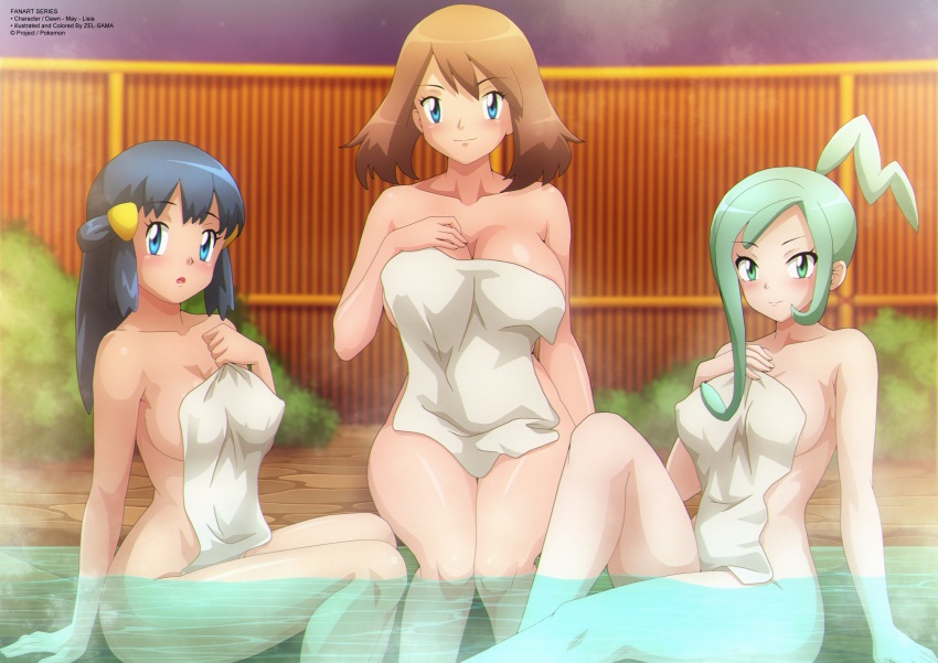 3girls absurdres arm_support bamboo blue_eyes blue_hair blush breasts brown_hair bush cleavage collarbone dawn_(pokemon) fence green_eyes green_hair hair_ornament hairclip hand_on_own_chest highres large_breasts lisia_(pokemon) long_hair looking_at_viewer may_(pokemon) medium_breasts multiple_girls naked_towel night night_sky nintendo nude onsen open_mouth partially_submerged pokemon pokemon_dppt pokemon_oras pokemon_rse ponytail sitting sky smile soaking_feet star_(sky) starry_sky steam towel water zel-sama