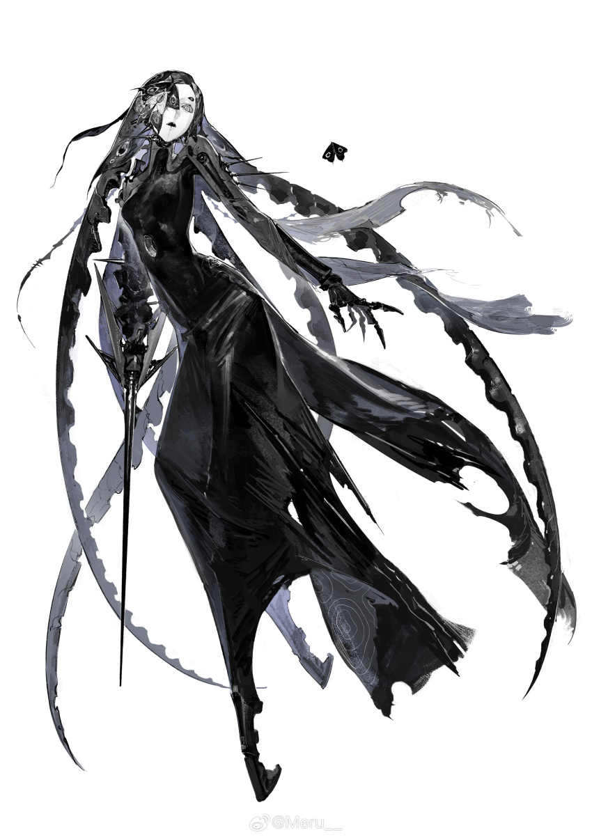 1girl absurdres android black_dress breasts bug chinese_commentary commentary dress exposed_internal_machinery forehead full_body highres hobble_dress hole_on_body insect insect_on_face long_dress long_hair looking_at_viewer looking_down mechanical_arms mechanical_hair meru02295238 mismatched_arms moth no_feet one_eye_covered open_mouth original pale_skin parted_bangs ringed_eyes sharp_teeth short_eyebrows simple_background small_breasts solo teeth torn_clothes torn_dress upper_teeth_only very_long_hair watermark weapon weibo_username weibo_watermark white_background