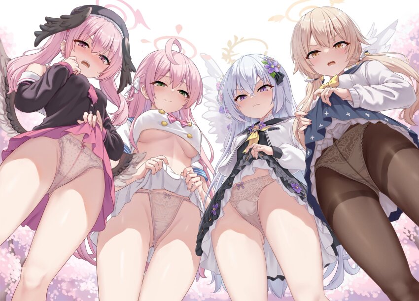 4girls ahoge angel_wings azusa_(blue_archive) bare_shoulders beret black_dress black_sailor_collar black_shirt black_wings blue_archive blue_sailor_collar blue_skirt blush bow bow_panties bowtie braid breasts brown_eyes brown_hair brown_pantyhose buttons closed_mouth clothes_lift commentary_request crop_top crop_top_overhang cropped_shirt crossed_bangs crotch_seam disgust double-breasted dress feathered_wings flower from_below gluteal_fold green_eyes group_picture hair_between_eyes hair_bow hair_flower hair_ornament hair_ribbon halo hanako_(blue_archive) hat head_wings hifumi_(blue_archive) highres iya_na_kao_sare_nagara_opantsu_misete_moraitai jacket koharu_(blue_archive) lace lace_panties large_breasts lifting_own_clothes lineup long_hair long_sleeves looking_at_viewer looking_down low_twintails low_wings milkshakework miniskirt multi-strapped_panties multiple_girls neckerchief off_shoulder open_clothes open_jacket open_mouth panties panties_under_pantyhose pantyhose petticoat pink_bow pink_eyes pink_hair pink_neckerchief pink_skirt pleated_skirt polka_dot polka_dot_panties purple_eyes ribbon sailor_collar shirt short_sleeves side_braid skirt skirt_lift sleeve_cuffs small_breasts smile thigh_gap thighband_pantyhose thighs twintails underboob underwear upskirt white_hair white_jacket white_panties white_sailor_collar white_shirt white_skirt white_wings wing_hair_ornament wings yellow_bow yellow_neckerchief