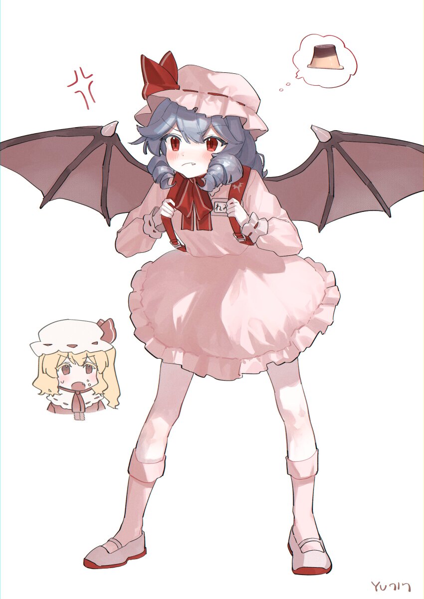 2girls absurdres alternate_hairstyle anger_vein angry animal_print bat_print bat_wings blonde_hair blue_hair blush cindy717 closed_mouth commentary dress drill_hair fang fang_out flandre_scarlet food food_on_face hat hat_ribbon highres long_sleeves mob_cap multiple_girls name_tag open_mouth pants pink_dress pink_hat pink_pants pudding red_eyes red_ribbon remilia_scarlet ribbon shoes siblings side_drill signature sisters sweatdrop touhou white_hat white_shoes wings
