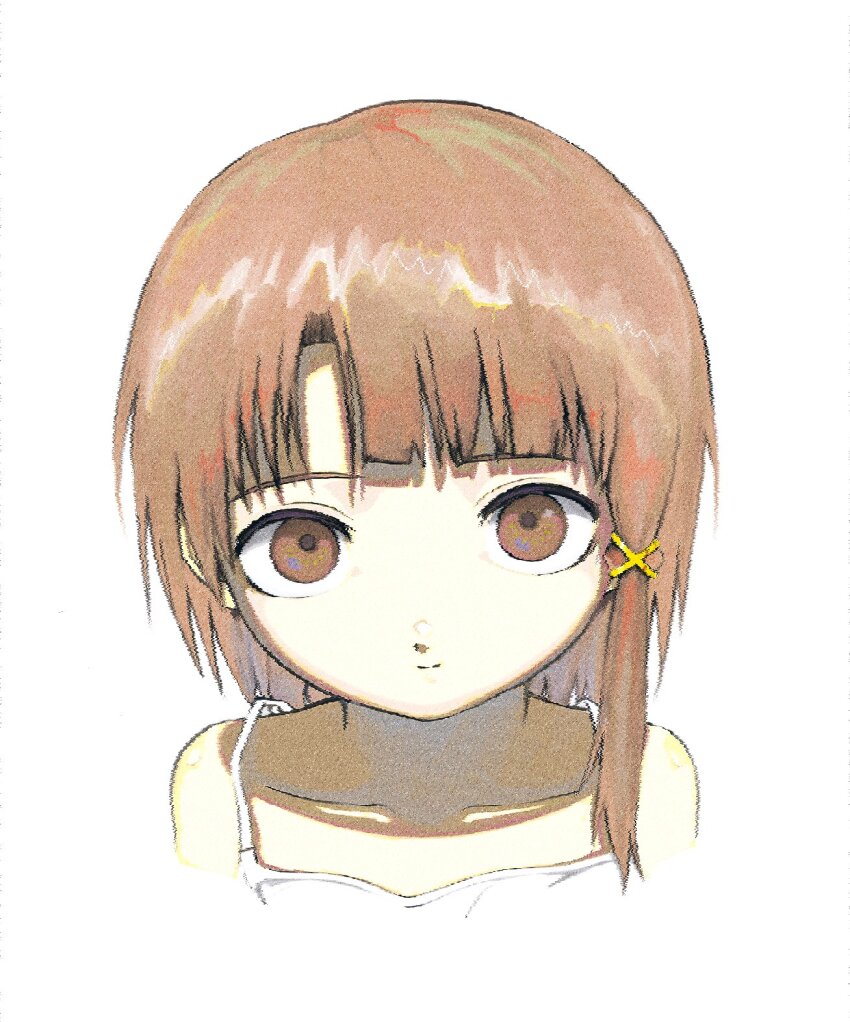 1girl bare_shoulders brown_eyes brown_hair camisole closed_mouth collarbone cropped_shoulders glitch hair_ornament highres iwakura_lain looking_at_viewer medium_hair sano_(snsk3470) serial_experiments_lain single_sidelock smile solo split_mouth white_background white_camisole x_hair_ornament