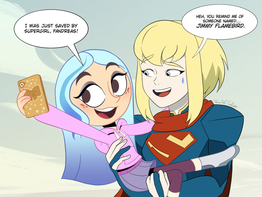 2girls absurdres andrea_davenport commentary dc_comics english_commentary english_text highres holding holding_phone joseartcentenoofficial multiple_girls my_adventures_with_superman open_mouth phone speech_bubble supergirl superman_(series) teeth the_ghost_and_molly_mcgee tongue upper_teeth_only