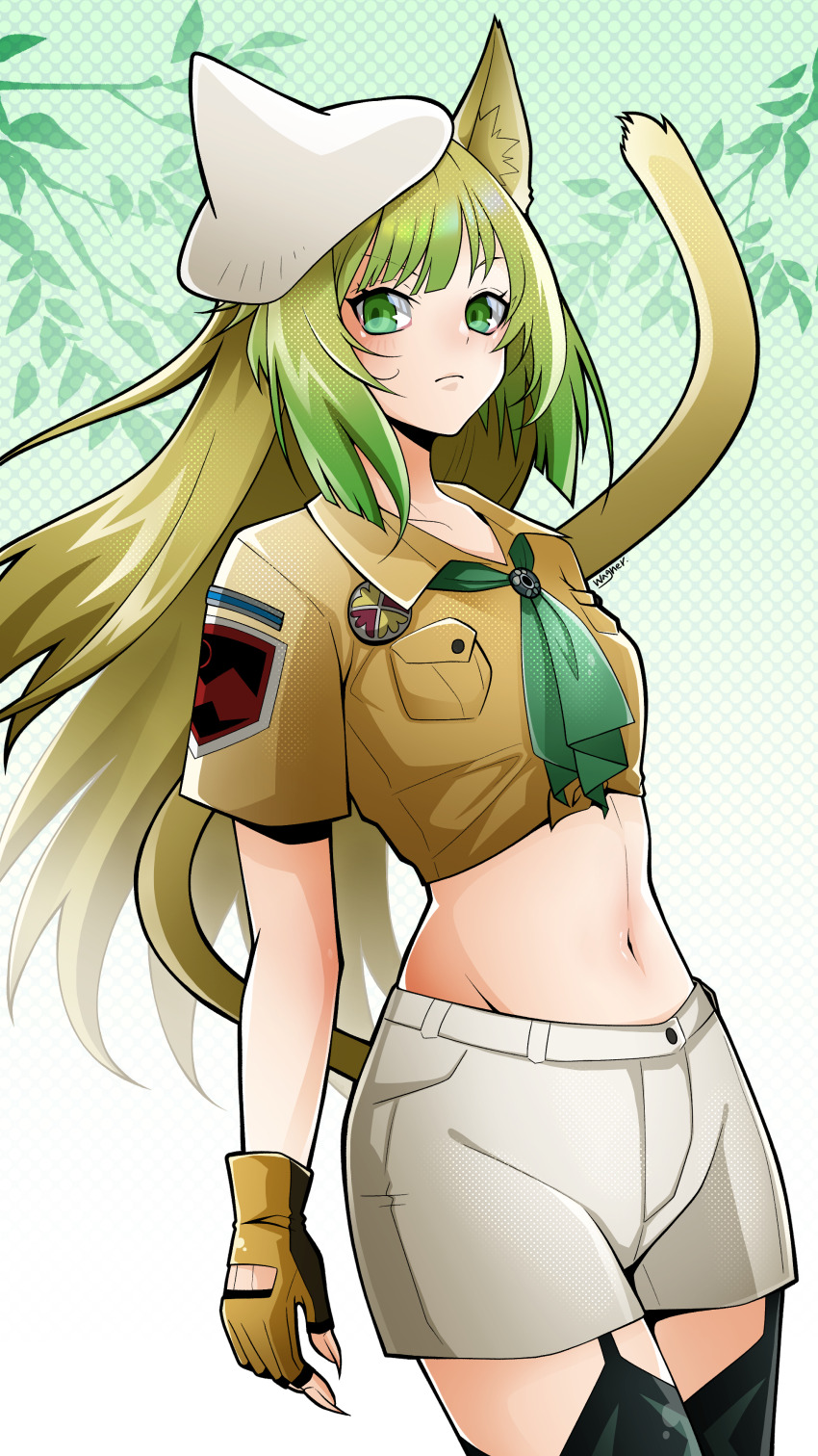 1girl absurdres adapted_costume animal_ears artist_name atalanta_(fate) badge barghest_(fate) barghest_(swimsuit_archer)_(fate) barghest_(swimsuit_archer)_(fate)_(cosplay) barghest_(swimsuit_archer)_(first_ascension)_(fate) blonde_hair blush breast_pocket brown_gloves brown_shirt button_badge cat_ears cat_tail closed_mouth commentary_request cosplay cowboy_shot crop_top fate/grand_order fate_(series) garter_straps gloves gradient_hair green_eyes green_hair green_neckerchief hat highres long_hair looking_at_viewer midriff multicolored_hair navel neckerchief patch pocket shirt shorts shoulder_patch simple_background solo tail wagu_neru white_shorts yellow_tail