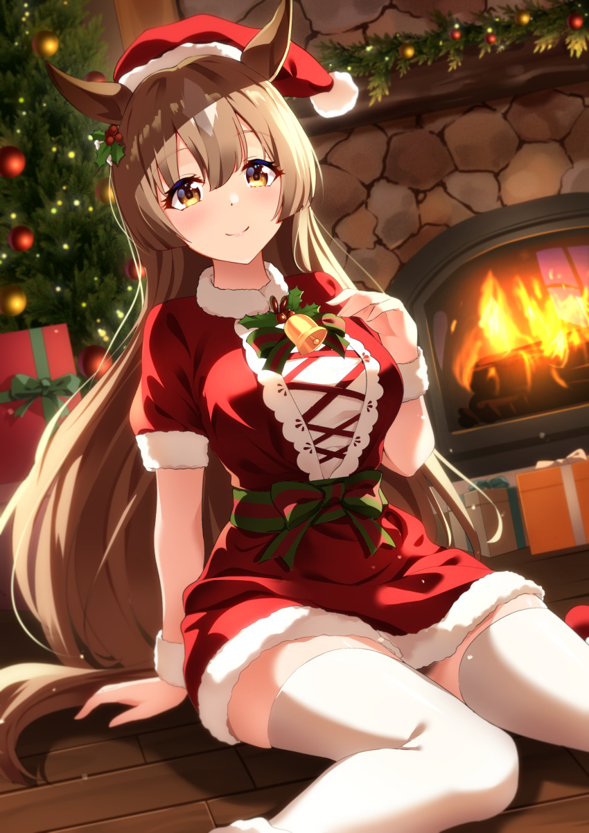 1girl absurdres alternate_costume box breasts brown_eyes brown_hair christmas_tree dress fur-trimmed_dress fur-trimmed_headwear fur_trim furnace gift gift_box hat highres horse_girl large_breasts long_hair looking_at_viewer mistletoe_hair_ornament multicolored_hair red_hat santa_costume santa_dress santa_hat satono_diamond_(umamusume) sitting smile solo streaked_hair sunny_(20597521) thighhighs umamusume wariza white_thighhighs