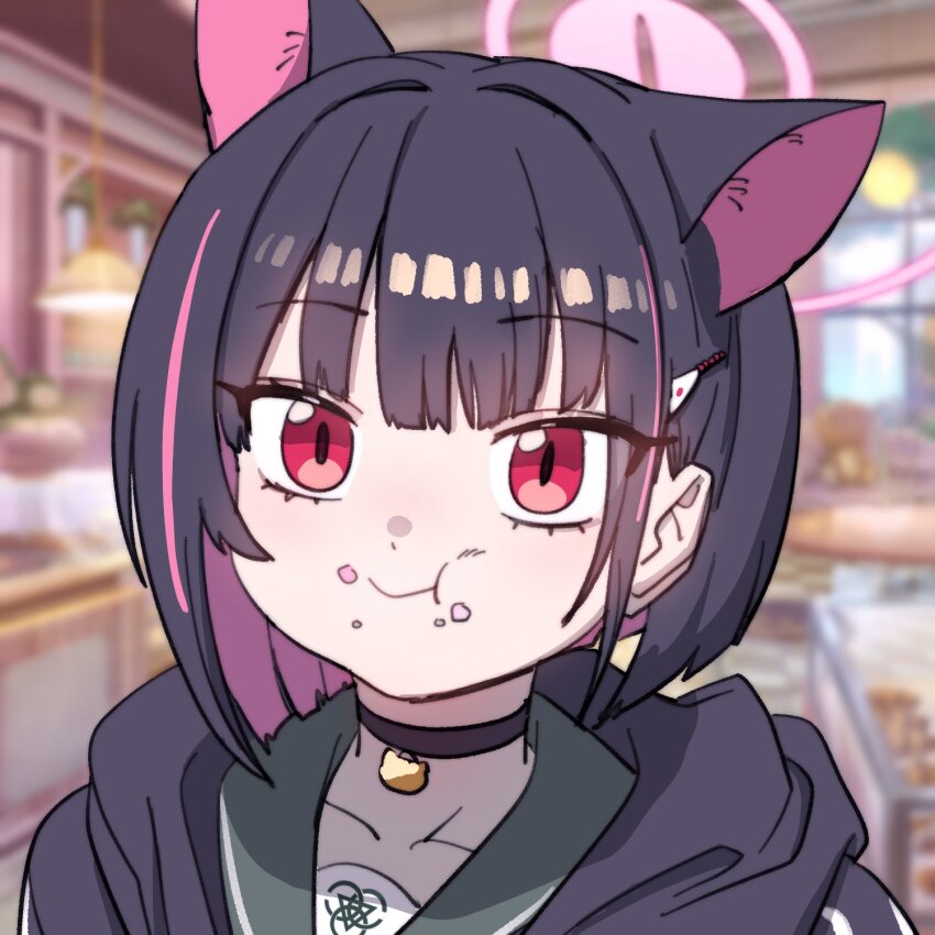 1girl black_hair blue_archive eating highres hobgoblin-kim hood hooded_jacket jacket kazusa_(blue_archive) multicolored_hair purple_hair red_eyes school_uniform serafuku solo two-tone_hair