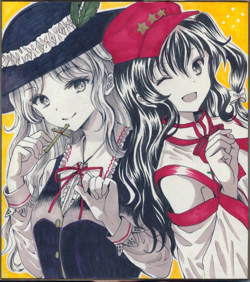 2girls :d black_hair black_hat black_vest breasts closed_mouth collared_shirt cross dolls_in_pseudo_paradise fedora flat_cap frilled_hat frilled_shirt_collar frilled_sleeves frills hajike_akira happy hat hat_feather highres holding holding_cross jacket_girl_(dipp) label_girl_(dipp) limited_palette long_hair long_sleeves mandarin_collar multiple_girls neck_ribbon newsboy_cap one_eye_closed open_mouth red_ribbon ribbon shirt side_ponytail small_breasts smile touhou traditional_media upper_body very_long_hair vest wavy_hair white_shirt white_vest wide_sleeves yellow_background