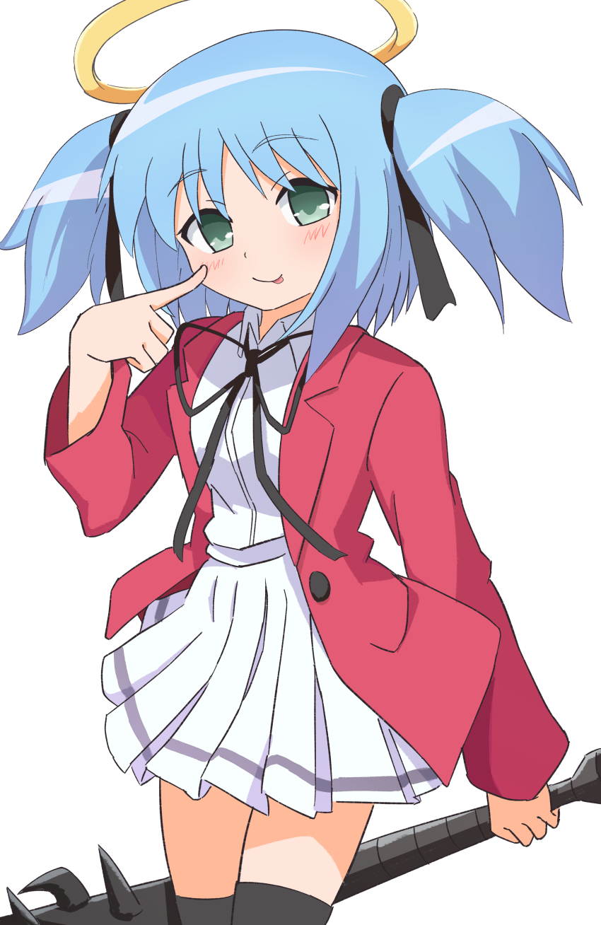1girl absurdres black_ribbon black_thighhighs bokusatsu_tenshi_dokuro-chan closed_mouth club club_(weapon) collared_shirt commentary cowboy_shot dot_nose excalibolg finger_to_face hair_ribbon halo hand_up highres holding holding_club holding_weapon index_finger_raised jacket ketamathe3rd long_sleeves looking_at_viewer miniskirt mitsukai_dokuro neck_ribbon open_clothes open_jacket pleated_skirt red_jacket ribbon school_uniform shirt short_hair short_twintails simple_background skirt smile solo spiked_club standing thighhighs tongue tongue_out traditional_halo twintails weapon white_background white_shirt white_skirt yellow_halo