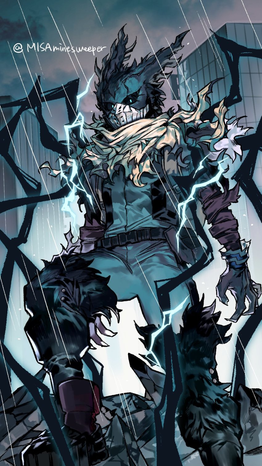 1boy bodysuit boku_no_hero_academia claws commentary_request electricity fur_trim glowing glowing_eyes green_bodysuit highres korean_commentary looking_at_viewer male_focus mask midoriya_izuku misa_(jjin_miryeon) monsterification rain rubble solo spoilers standing torn_clothes twitter_username urban