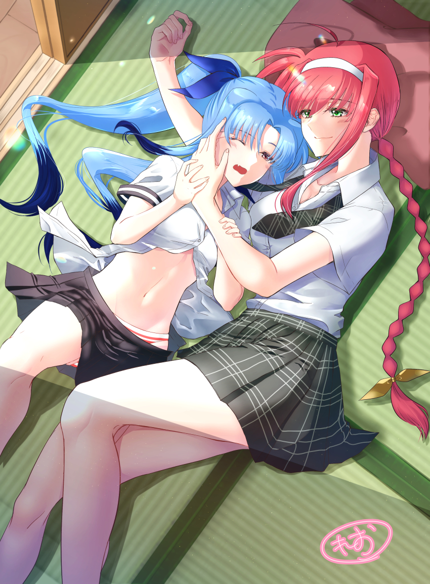 2girls absurdres ahoge amitie_florian blue_hair blush braid braided_ponytail breasts cleavage closed_mouth collarbone fang green_eyes hairband highres large_breasts leonis_g levi_the_slasher long_hair looking_at_another lyrical_nanoha mahou_shoujo_lyrical_nanoha mahou_shoujo_lyrical_nanoha_a&#039;s multiple_girls on_floor one_eye_closed open_mouth panties pillow ponytail red_eyes red_hair school_uniform skirt small_breasts smile striped_clothes striped_panties underwear yuri