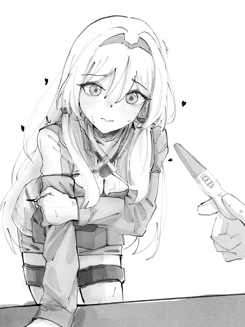 1girl an-94_(girls&#039;_frontline) breasts cleavage girls&#039;_frontline greyscale hairband highres holding holding_pregnancy_test implied_pregnancy long_hair long_sleeves monochrome pov pov_hands pregnancy_test tactical_clothes zhima01600218