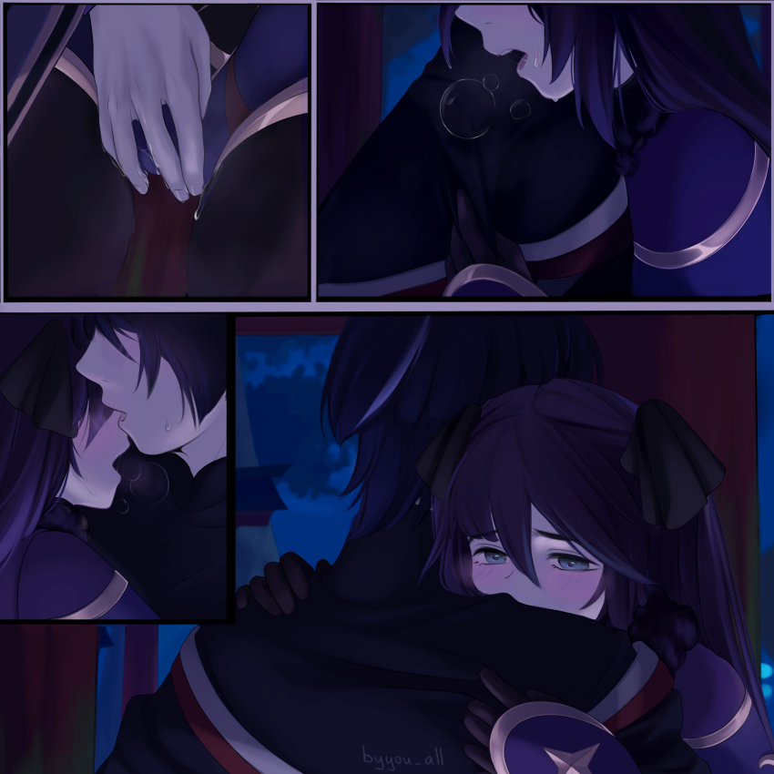 1boy 1girl absurdres aqua_eyes artist_name asymmetrical_bangs black_bow black_hair black_kimono black_pantyhose black_shirt blunt_bangs blunt_ends blush bow byyou_all clothes_grab couple facing_another foreplay forest fur_collar genshin_impact gold_trim hair_between_eyes hair_bow hand_on_another&#039;s_back hand_on_another&#039;s_crotch hand_on_another&#039;s_shoulder head_on_another&#039;s_shoulder heavy_breathing hetero highres hug japanese_clothes juban kimono long_hair mona_(genshin_impact) multicolored_hair nature off_shoulder open_mouth outdoors pantyhose parted_bangs purple_hair pussy_juice pussy_juice_drip_through_clothes red_kimono saliva scaramouche_(genshin_impact) shirt sidelocks streaked_hair sweat teeth torii tree twintails twitter_username upper_teeth_only white_hair white_kimono