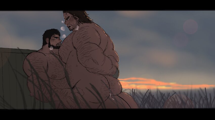 2boys after_anal aftersex arms_behind_back ass bara beard beard_stubble belly bill_(last_of_us) blush chest_hair completely_nude couple cum cum_in_ass eye_contact facial_hair fat fat_man feet_out_of_frame from_side full_beard hairy height_difference highres huge_pectorals joel_(the_last_of_us) leg_between_thighs looking_at_another male_focus mature_male multiple_boys muscular muscular_male mustache_stubble navel_hair nipples nude pinned profile short_hair standing stubble the_last_of_us the_last_of_us_(series) thick_arm_hair thick_beard thick_eyebrows v-shaped_eyebrows very_hairy vincet_(lostguyran0) yaoi