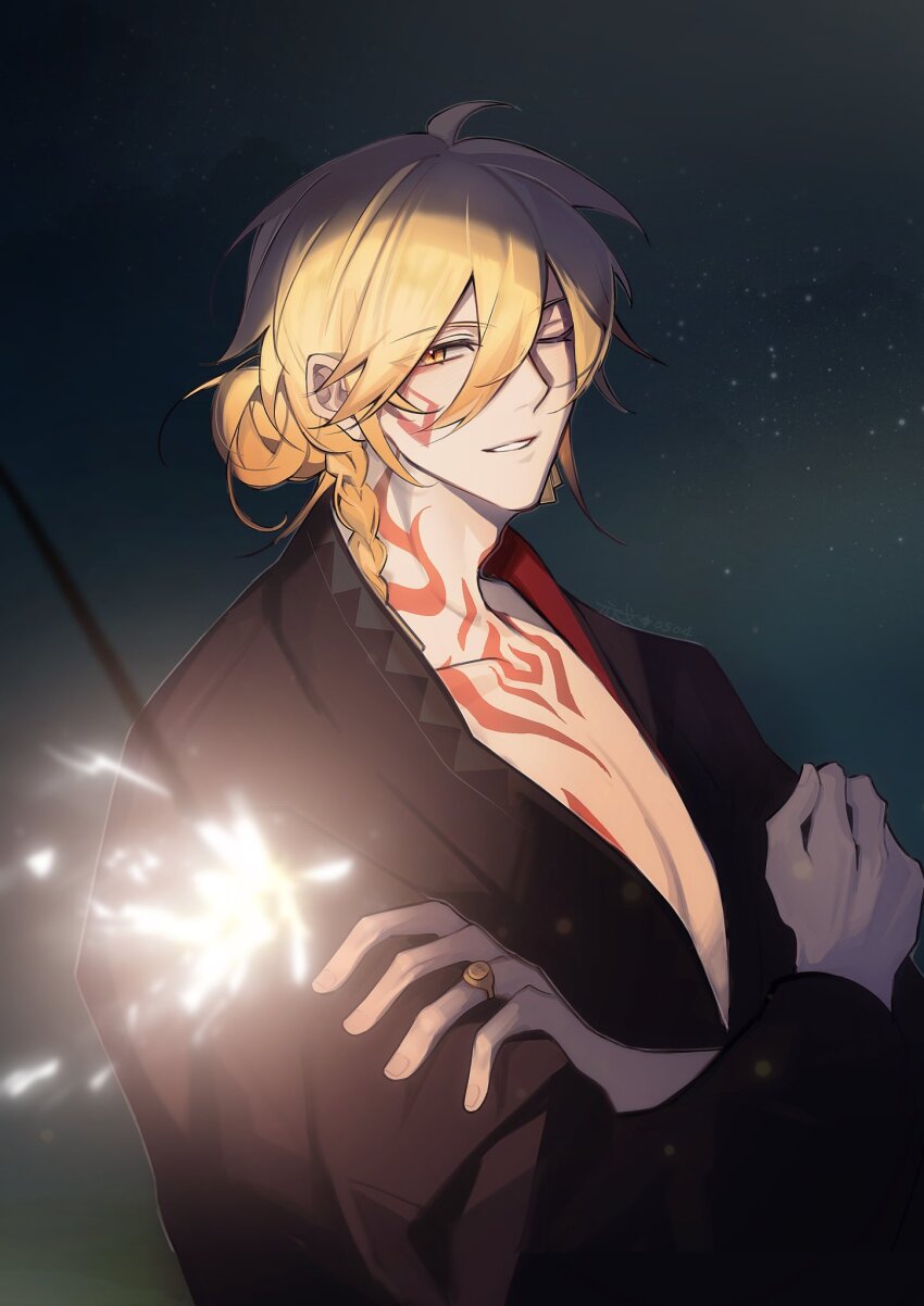 1boy blonde_hair braid chest_tattoo commentary crossed_arms facial_tattoo fireworks gold_ring gomi0421 gradient_hair hair_between_eyes highres honkai:_star_rail honkai_(series) japanese_clothes kimono looking_at_viewer male_focus medium_hair multicolored_hair mydei_(honkai:_star_rail) night night_sky one_eye_closed red_hair red_kimono red_tattoo side_braid sky solo sparkler tattoo upper_body yellow_eyes