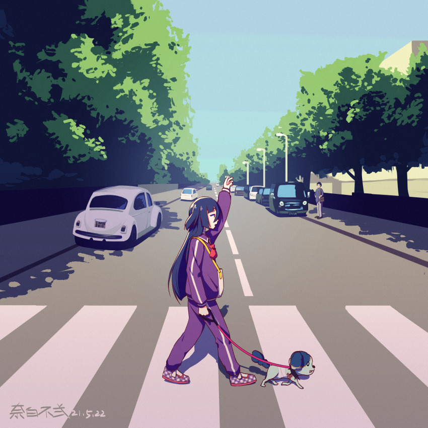 1boy 1girl abbey_road absurdres arm_up artist_name bag bandages black_hair blue_sky buernia car crosswalk dated day dog hand_up highres holding holding_leash jacket lamppost leash long_hair motor_vehicle pants parody pouch profile purple_jacket purple_pants purple_shoes red_eyes road romero_(zombie_land_saga) shoes shoulder_bag signature sky street the_beatles track_jacket track_pants track_suit vanishing_point very_long_hair volkswagen_beetle walking yamada_tae zombie_land_saga
