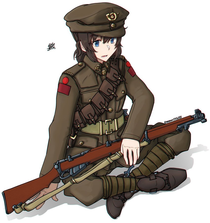 1girl ammunition_pouch bandolier belt blue_eyes bolt_action boots brown_boots brown_hair brown_hat brown_jacket brown_pants canadian_army collared_jacket gun gun_sling hat hat_ornament highres holding holding_weapon indian_style jacket leaf_hat_ornament lee-enfield long_hair long_sleeves looking_at_viewer military military_hat military_jacket military_uniform mmmn540d88 open_mouth original pants ponytail pouch rifle shadow signature simple_background sitting solo weapon white_background world_war_i