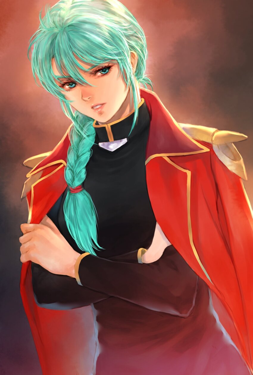 1girl aged_up aqua_hair blue_eyes braid breasts char&#039;s_counterattack gundam hair_behind_ear hair_ornament highres jacket long_hair looking_at_viewer military military_uniform neo_zeon quess_paraya science_fiction skirt smile solo takeda_yuuko