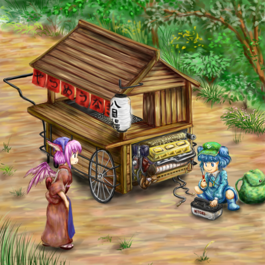 2girls animal_ears backpack bad_id bad_pixiv_id bag blue_eyes blue_hair blue_headscarf engine female_focus food_stand grill hair_bobbles hair_ornament hat headscarf japanese_clothes kawashiro_nitori key lantern multiple_girls mystia_lorelei nom_(shumneko) noren okamisty pink_hair short_hair smile tasuki touhou twintails two_side_up wheel wings yatai zun_(style)