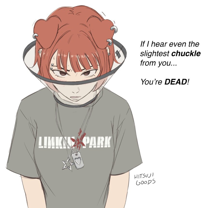 1girl animal_ear_piercing animal_ears artist_name blush brown_eyes clothes_writing commentary dog_ears dog_girl ear_piercing embarrassed english_commentary english_text extra_ears eyebrow_piercing floppy_ears grey_shirt heart heart_necklace highres hitsuji_(hitsujigoods) jewelry linkin_park mitsu_(hitsujigoods) necklace open_mouth original pet_cone piercing red_hair shirt short_hair short_sleeves simple_background solo star_(symbol) star_necklace sweatdrop upper_body white_background