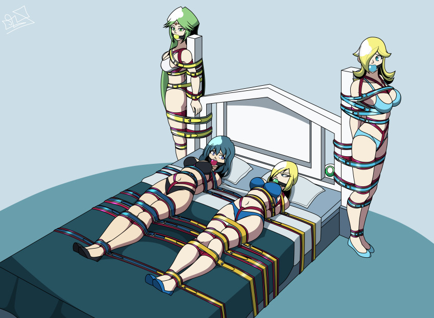 4girls absurdres aceliuszid arms_behind_back ass ball_gag bdsm belly belt bikini bondage bound breasts cleavage collarbone crop_top crotch_rope female_byleth_(fire_emblem) female_focus gag gagged highres kidnapped kidnapping midriff multiple_girls navel original palutena restrained rope rosalina samus_aran struggling swimsuit underwear worried