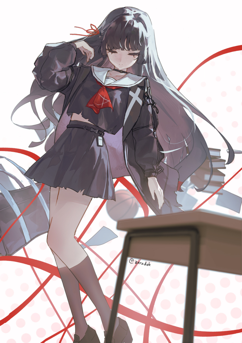 1girl black_choker black_jacket black_serafuku black_shirt black_skirt book breasts chisa_(wuthering_waves) choker closed_eyes closed_mouth commentary hair_ribbon hand_up highres jacket long_hair medium_breasts neckerchief red_neckerchief red_ribbon ribbon sailor_collar school_uniform serafuku shirt skirt solo twitter_username white_sailor_collar wuthering_waves zeradok