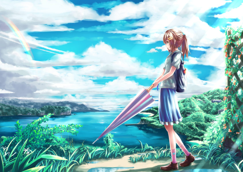 1girl absurdres backpack bag blonde_hair brown_eyes brown_hair building casual closed_umbrella cloud cloudy_sky day female_focus fence from_side grass hair_bobbles hair_ornament hairclip highres hood hoodie island ivy landscape light_rays looking_away nian_(zhanian) ocean original outdoors ponytail profile puddle rainbow scenery short_sleeves sky solo sunbeam sunlight umbrella water