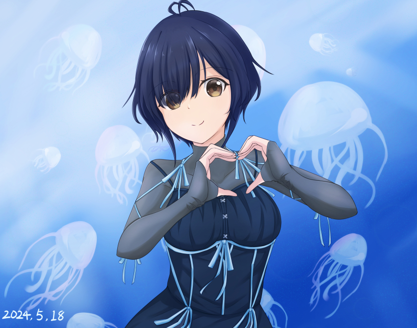 1girl 22/7 absurdres antenna_hair ato_de_wakaru_koto black_dress blue_background blue_hair brown_eyes closed_mouth cowboy_shot dark_blue_hair dated dress hair_over_one_eye heart heart_hands highres jellyfish looking_at_viewer ribbon see-through_clothes see-through_sleeves short_hair smile solo takigawa_miu takumitu_711 white_ribbon