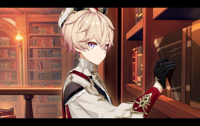 1boy beret black_gloves book bookshelf cha_hanare closed_mouth dahlia_(genshin_impact) diamond-shaped_pupils diamond_(shape) expressionless from_side genshin_impact gloves hair_between_eyes hand_up hat highres holding holding_book indoors jacket lamp letterboxed library light_particles long_sleeves looking_at_viewer male_focus pink_hair purple_eyes railing short_hair solo symbol-shaped_pupils upper_body white_hat white_jacket