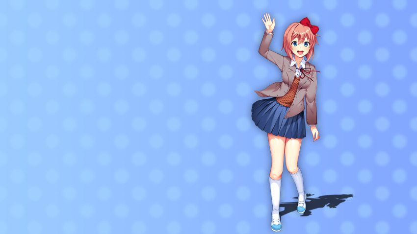1girl :d arm_up blazer blue_background blue_eyes blue_skirt blush bow breasts brown_hair brown_sweater_vest buttons collared_shirt commentary doki_doki_literature_club doki_doki_literature_club doki_doki_literature_club_school_uniform dot_nose double-parted_bangs dress_shirt english_commentary eyebrows_hidden_by_hair full_body game_cg grey_jacket grin hair_between_eyes hair_bow highres impossible_clothes jacket kneehighs knees_together_feet_apart leaning_to_the_side long_eyelashes long_sleeves looking_at_viewer lucidsky mary_janes medium_breasts miniskirt neck_ribbon non-web_source official_art official_wallpaper open_clothes open_jacket open_mouth parted_hair pleated_skirt polka_dot polka_dot_background raised_eyebrows red_bow red_ribbon ribbon satchely sayori_(doki_doki_literature_club) school_uniform shadow shirt shoes short_hair skirt smile socks solo squchan standing standing_on_one_leg sweater_vest teeth thick_eyelashes thighs upper_teeth_only v-neck waving wavy_hair white_shirt white_shoes white_socks wide-eyed wing_collar