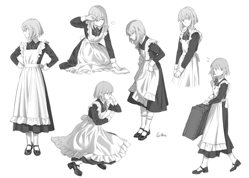 1boy alternate_costume apron arms_behind_back artist_name blush bob_cut bow bowtie cleaning commentary crossdressing crossed_bangs eika127 english_commentary enmaided flying_sweatdrops frilled_apron frills greyscale hand_up head_rest highres holding holding_rag holding_suitcase honebami_toushirou kneeling long_sleeves looking_ahead looking_at_viewer looking_down looking_to_the_side maid male_focus mary_janes monochrome multiple_views own_hands_together profile cleaning_rag shoes short_hair sigh simple_background sitting skirt_hold socks standing suitcase thinking touken_ranbu trap v_arms walking wiping wiping_sweat yokozuwari