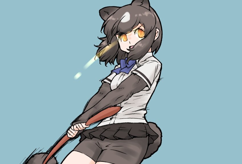 1girl animal_ears bear_ears bear_girl paw_stick bear_tail bike_shorts_under_skirt blue_bow blue_bowtie bow bowtie brown_bear_(kemono_friends) brown_gloves brown_hair brown_shorts brown_skirt collared_shirt cowboy_shot elbow_gloves extra_ears eye_trail fighting fingerless_gloves gloves glowing glowing_eyes gravi_pig4891 highres kemono_friends light_trail multicolored_hair pleated_skirt shirt short_hair short_sleeves shorts sidelocks skirt solo tail two-tone_hair weapon white_hair white_shirt yellow_eyes