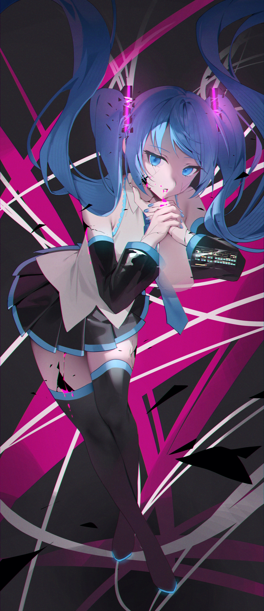 1girl absurdres bare_shoulders black_skirt black_sleeves black_thighhighs blood blue_eyes blue_hair blue_necktie commentary detached_sleeves disembodied_hand emduck full_body ghost_rule_(vocaloid) hatsune_miku highres long_hair looking_at_viewer miniskirt necktie pink_blood pleated_skirt shirt skirt sleeveless sleeveless_shirt solo thighhighs twintails vocaloid white_shirt